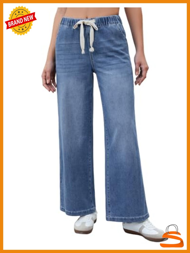 High Waisted Wide Leg Pull On Elastic Waist Drawstring Stretchy Denim Jeans